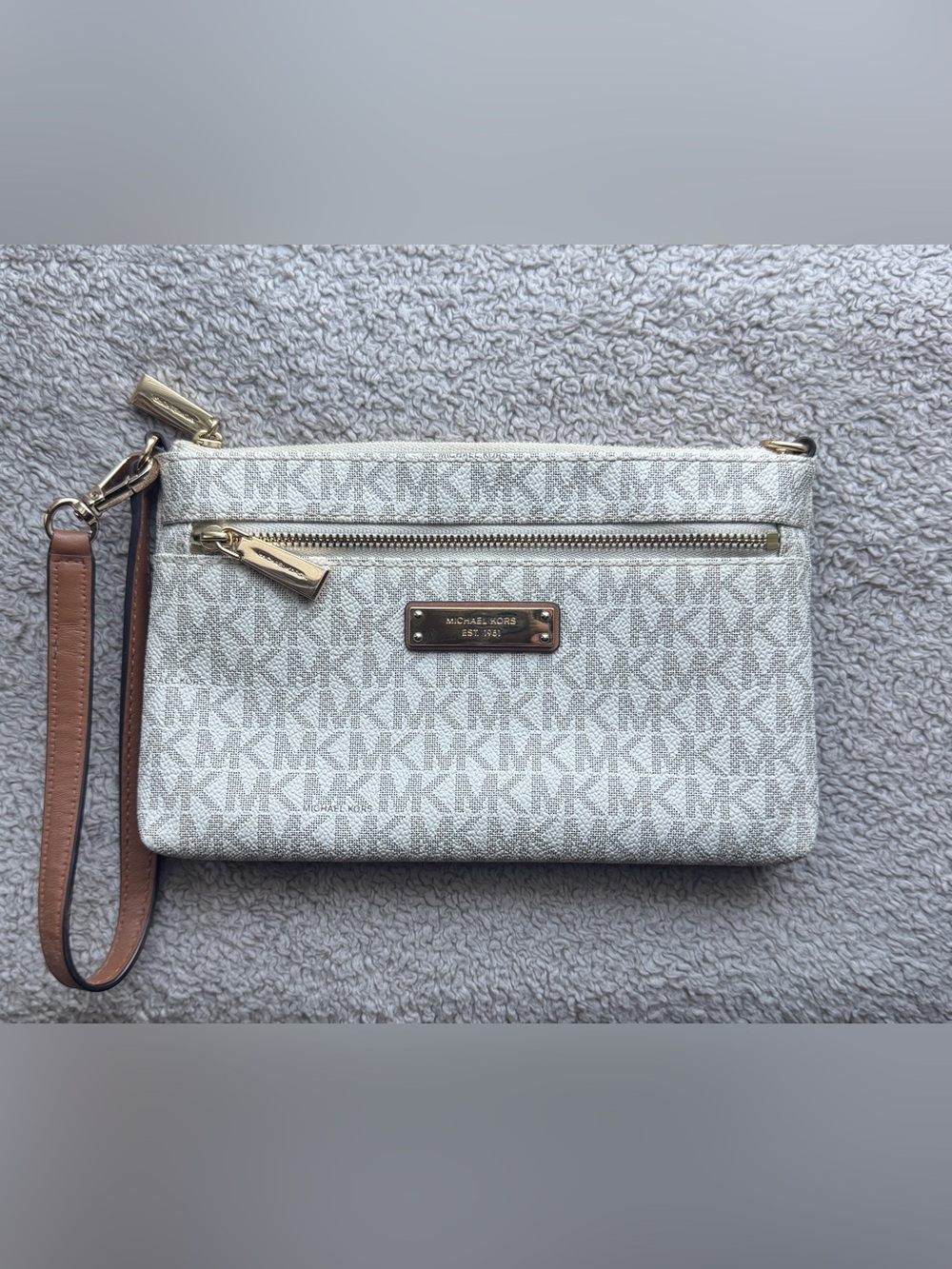 Michael Kors Cream Logo Zip Wristlet with Gold Hardware